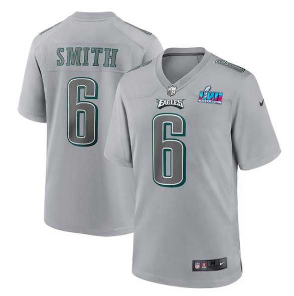 Mens Philadelphia Eagles #6 DeVonta Smith Gray Super Bowl LVII Patch Atmosphere Fashion Stitched Game Jersey